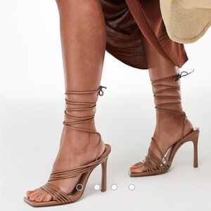 NEW ASOS DESIGN Nest strappy tie leg heeled sandals in tan/beige SZ 6